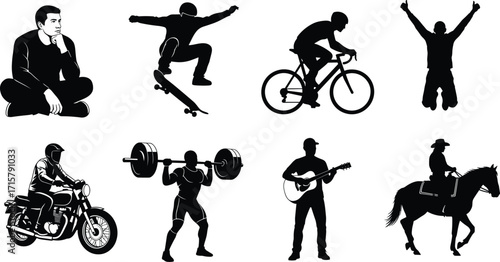 Human activity silhouettes in dynamic poses, black vector lifestyle figures, sports, music, and motion reference for design and illustration