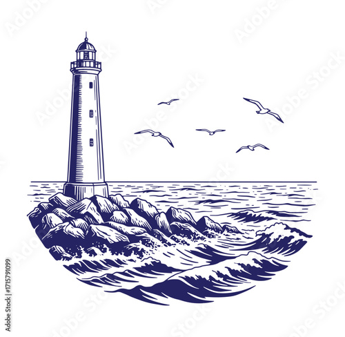 Elegant engraved lighthouse on rocky coastline with flying seagulls in marine illustration