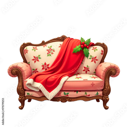 sofa with Christmas blanket  isolated on white background