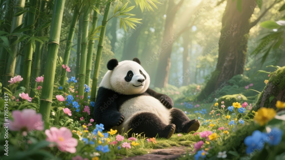 Obraz premium A panda bear resting peacefully in a vibrant bamboo forest surrounded by colorful flowers and sunlight.