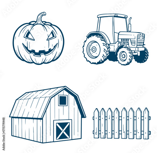 Farm themed illustrations of a tractor barn pumpkin fence in line art style