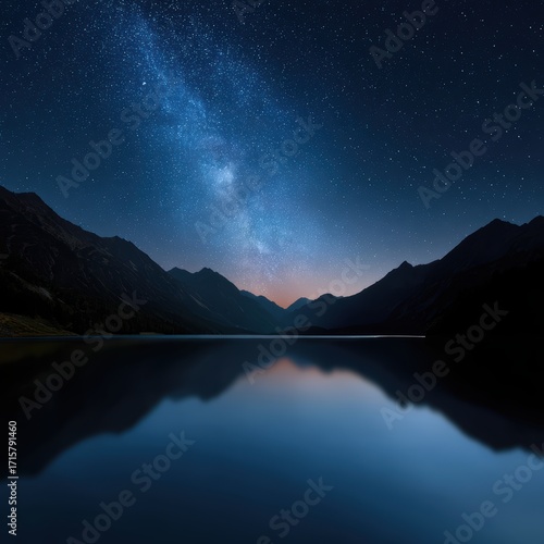 starry night over calm lake, mountains silhouette, Milky Way visible