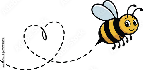 Cute bee flying with heart trail cartoon illustration on white background