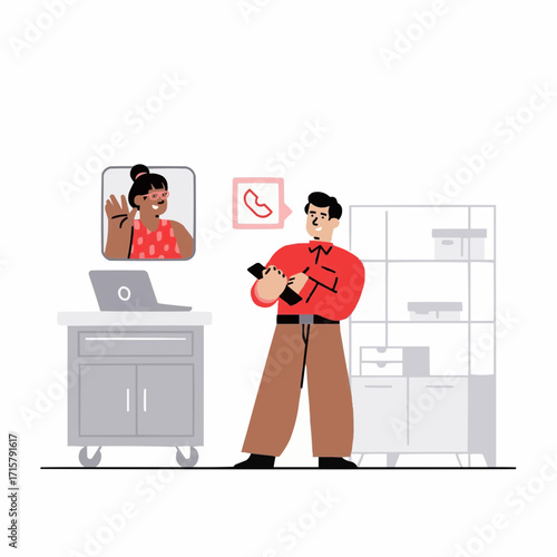 Modern flat illustration of colleagues connecting via video conference call, showcasing remote work and digital communication technology