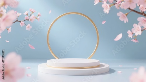 Minimalist white podium with golden ring frame surrounded by cherry blossoms and petals on a soft blue background