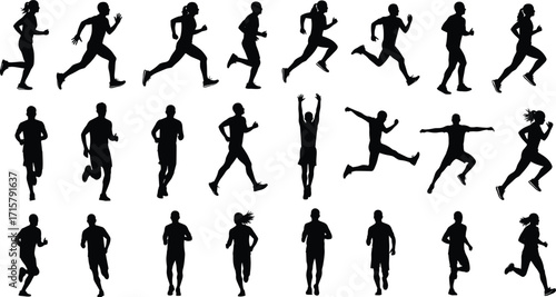 Running and jogging silhouettes in athletic poses, black vector figures in motion, human movement reference for sports, animation, biomechanics