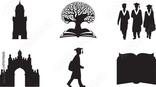 Silhouette University Icons Collection Academic Building, Graduation, and Open Book Vector Illustration