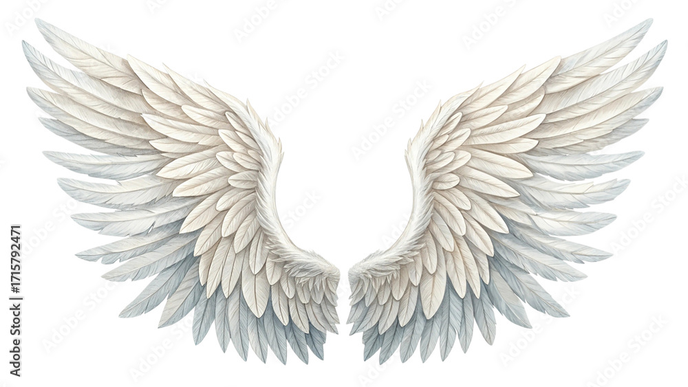 Fototapeta premium Pair of large white and pastel feathered angel wings isolated on transparent background