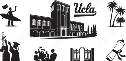 UCLA Campus Life Silhouette Collection Surfer Student, University Building, Script Logo, Palm Trees, Graduation, Campus Gate, Diploma