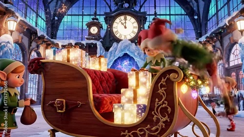 A magical train station where Santa's sleigh is being prepared
