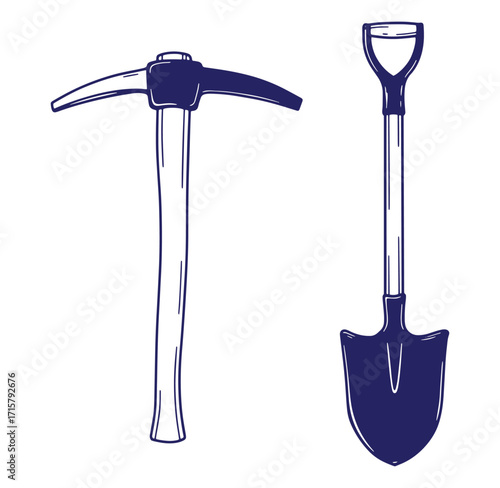 Hand drawn pickaxe and shovel in dark blue color on white background for design