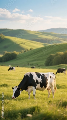 Black and white cow grazing in a lush green pasture with rolling hills in the background