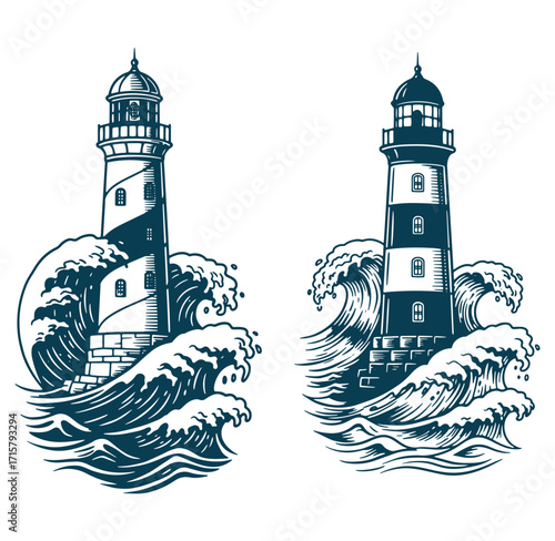 Illustrated lighthouse designs with ocean waves showcasing nautical themes and vintage aesthetics