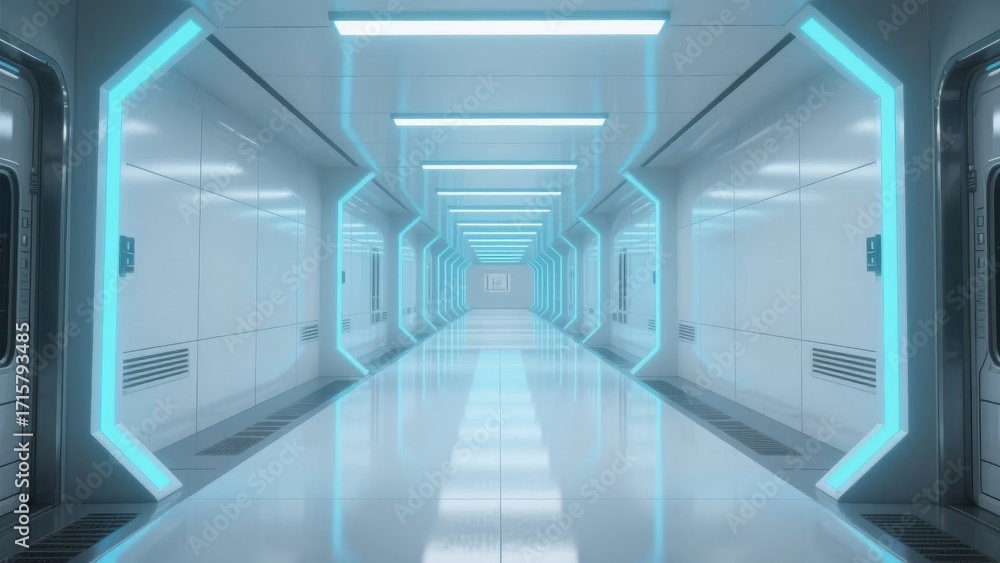 Fototapeta premium Futuristic corridor with glowing blue lights and sleek white walls