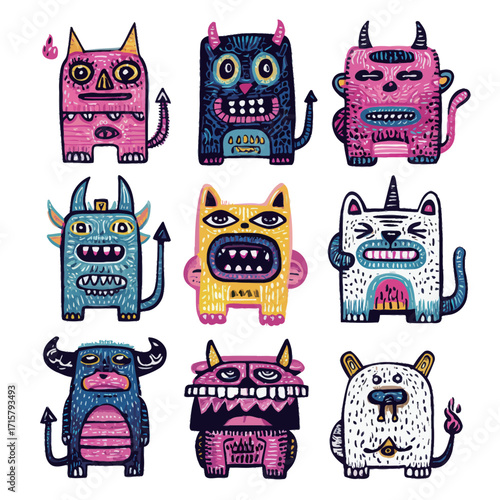 A collection of nine colorful monster characters designed with various shapes and facial expressions.