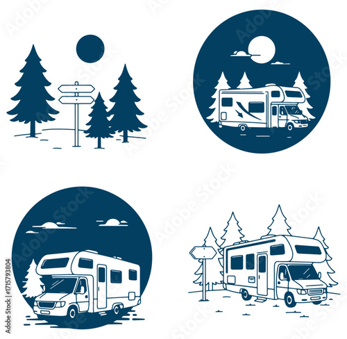 Minimalist camping rv travel icons depicting adventure outdoor exploration and vacation