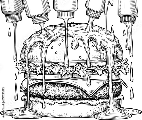 burger engraving black and white outline
