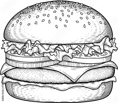 burger engraving black and white outline