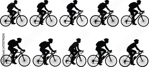 Cyclist silhouette sequence, bike motion study, road cycling posture, animated rider movement, sports biomechanics, black figure illustration, backpack