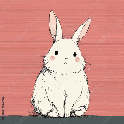 A fluffy white rabbit sits upright with a curious expression. Its large ears perk up as it gazes at the viewer against a soft pink backdrop.