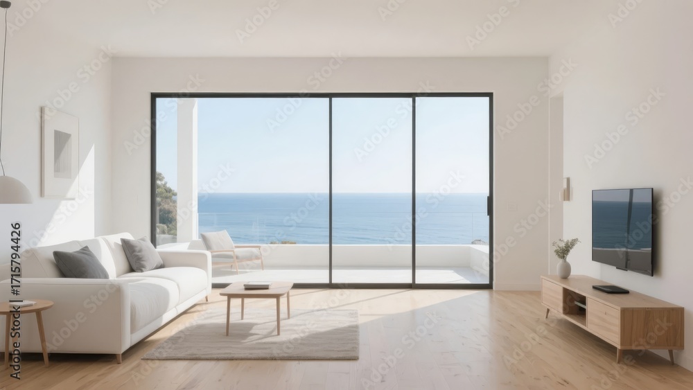 Fototapeta premium Modern living room with large glass doors overlooking the ocean
