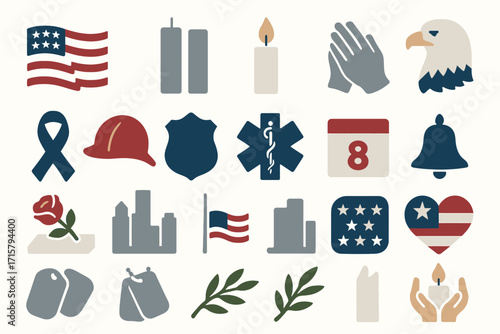 Patriotic Symbols Collection for Memorial Day with Flag, Eagle, Candle, and Other Emblems