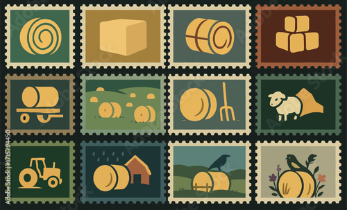 Hay Bales in North Yorkshire, England, Vintage Farm Stamps Illustration