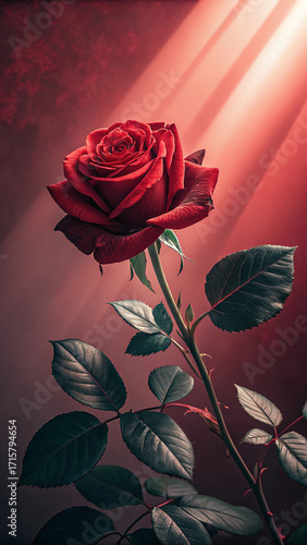 Red Rose in Full Bloom with Dark Green Leaves on a Red Background