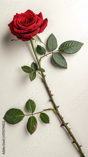Single red rose with green leaves and thorny stem on white background