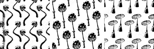 Poisonous mushrooms lino cut seamless patterns set. Black fungus stamp, monochrome block print isolated on transparent background. Vector illustration