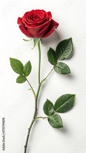 Single Red Rose with Green Stem and Leaves on White Background