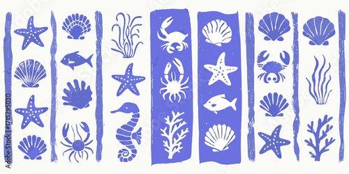 Whimsical blue and white marine life pattern with shells starfish fish crabs and seahorses