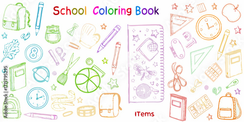 Colorful hand drawn school supplies and items for a childrens coloring book design