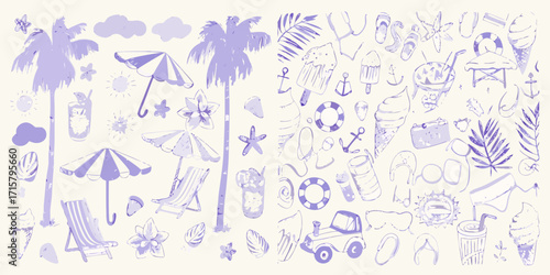 Collection of hand drawn summer vacation icons and elements in purple pastel colors on a light background