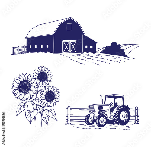 Rustic farm scene with barn tractor and sunflowers illustrating country life elements