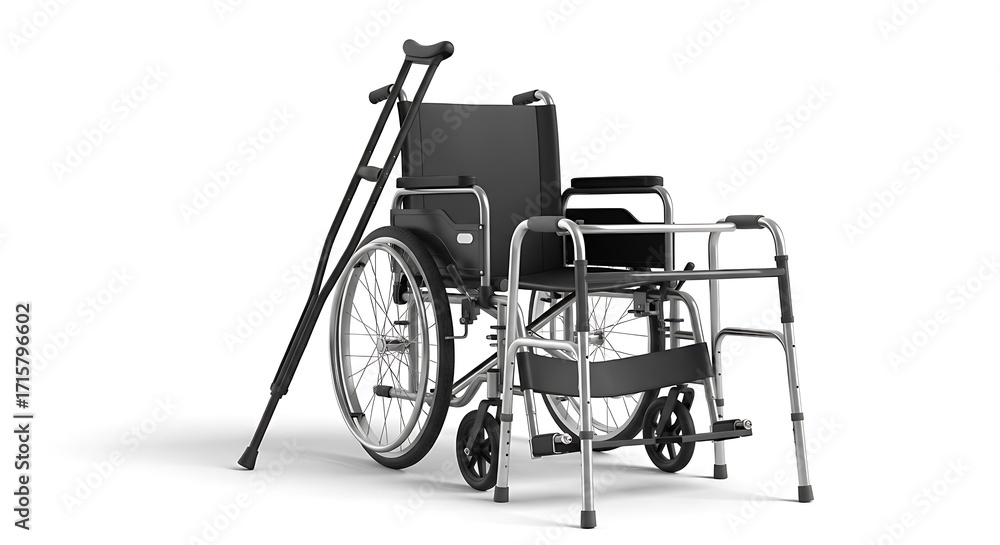 Fototapeta premium Modern medical equipment, including a wheelchair, crutches, and a walker, is presented against a plain white backdrop.