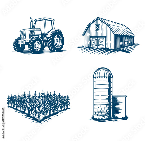 Set of vintage farm elements including tractor barn cornfield and grain silo illustration