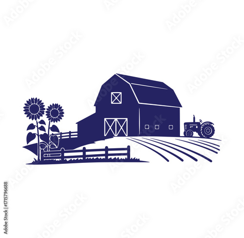 Silhouette illustration of a farm barn with tractor and sunflowers on a white background