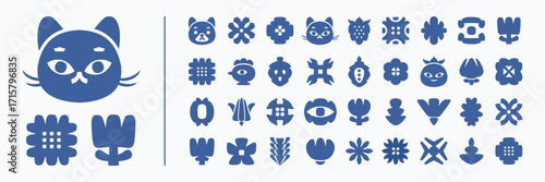 Set of cartoon geometric icons isolated on background. Cute animals, flowers and abstract shapes in imprint naive style. Scandinavian design elements collection. Vector illustration