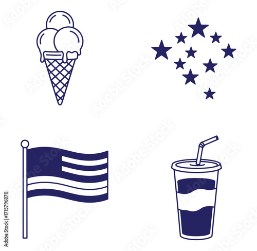 Simple icon set featuring american patriotic elements like ice cream and the american flag