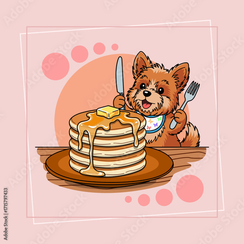 A stack of delicious pancakes drizzled with honey and cheese topped with a cute dog ready to devour them. Perfect for celebrating National Pancake Day on September 26th.