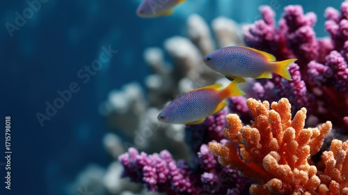 Fototapeta Naklejka Na Ścianę i Meble -  underwater coral reef background with vibrant fish and blue water