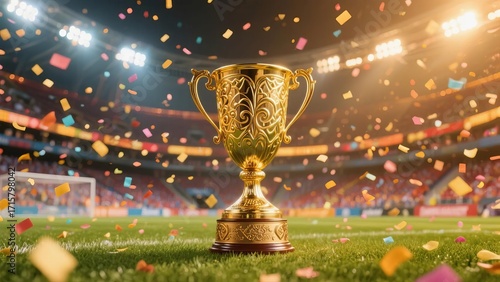 Golden trophy on soccer field with confetti falling in stadium