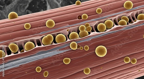 Simulated Lipid Droplets in Muscle Tissue Showing Fat Accumulation and Metabolic Process
