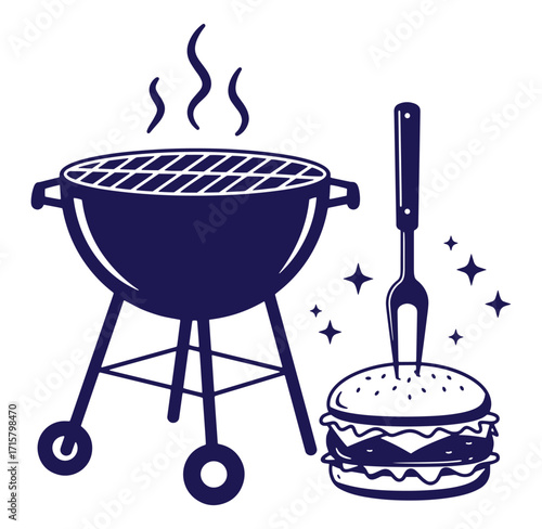 Vector illustration of a barbecue grill cooking a delicious hamburger with fork