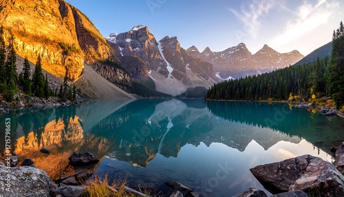 Serene mountain lake at dawn, showcasing vibrant reflections of the majestic peaks.