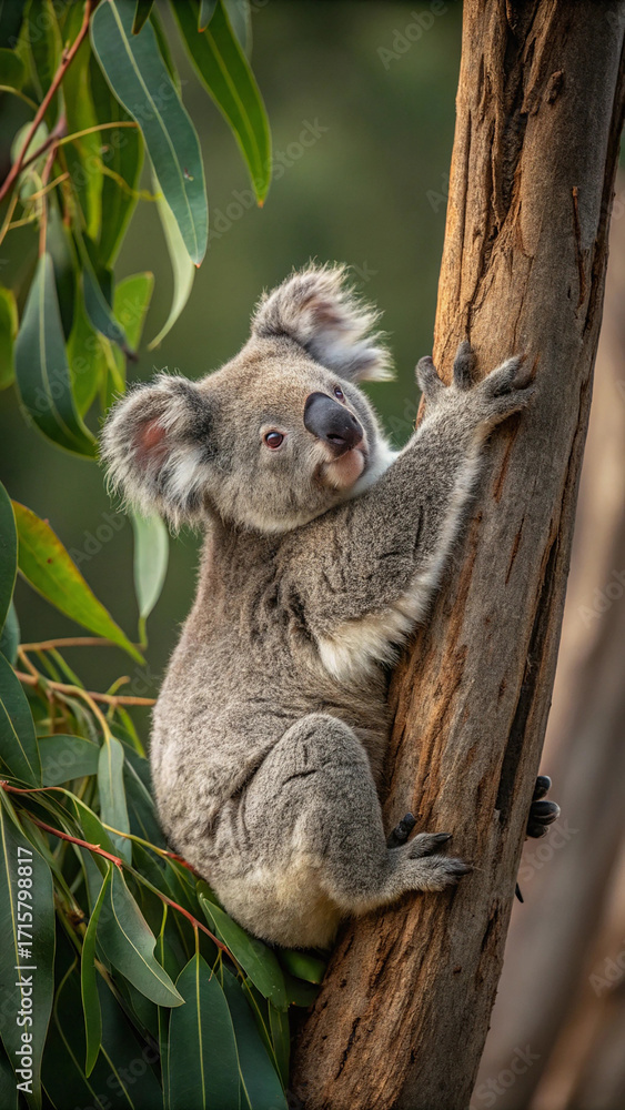 Fototapeta premium Koala Bear Clinging to Tree Trunk with Green Leaves