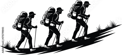 Hiking silhouette, black and white, uphill trail, backpack, trekking pole, outdoor adventure, nature, travel, teamwork, walking, mountain, vector, minimal