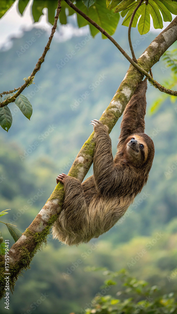 Fototapeta premium Sloth Hanging From Tree Branch With Long Claws in Natural Habitat 1