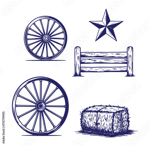 Vector illustration of a rustic western americana design elements collection set with wagon wheels